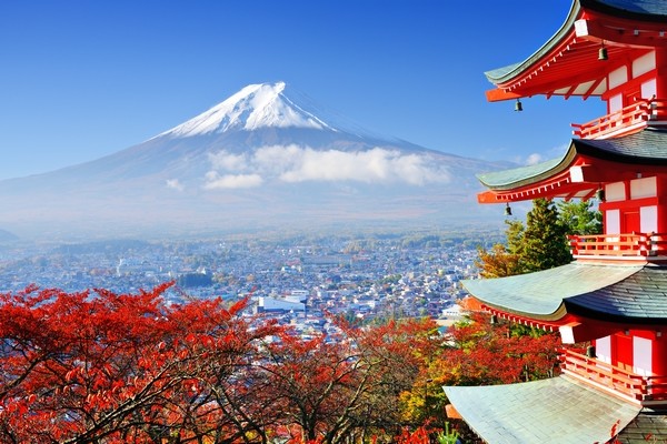 Maple trees and Mount Fuji in the background